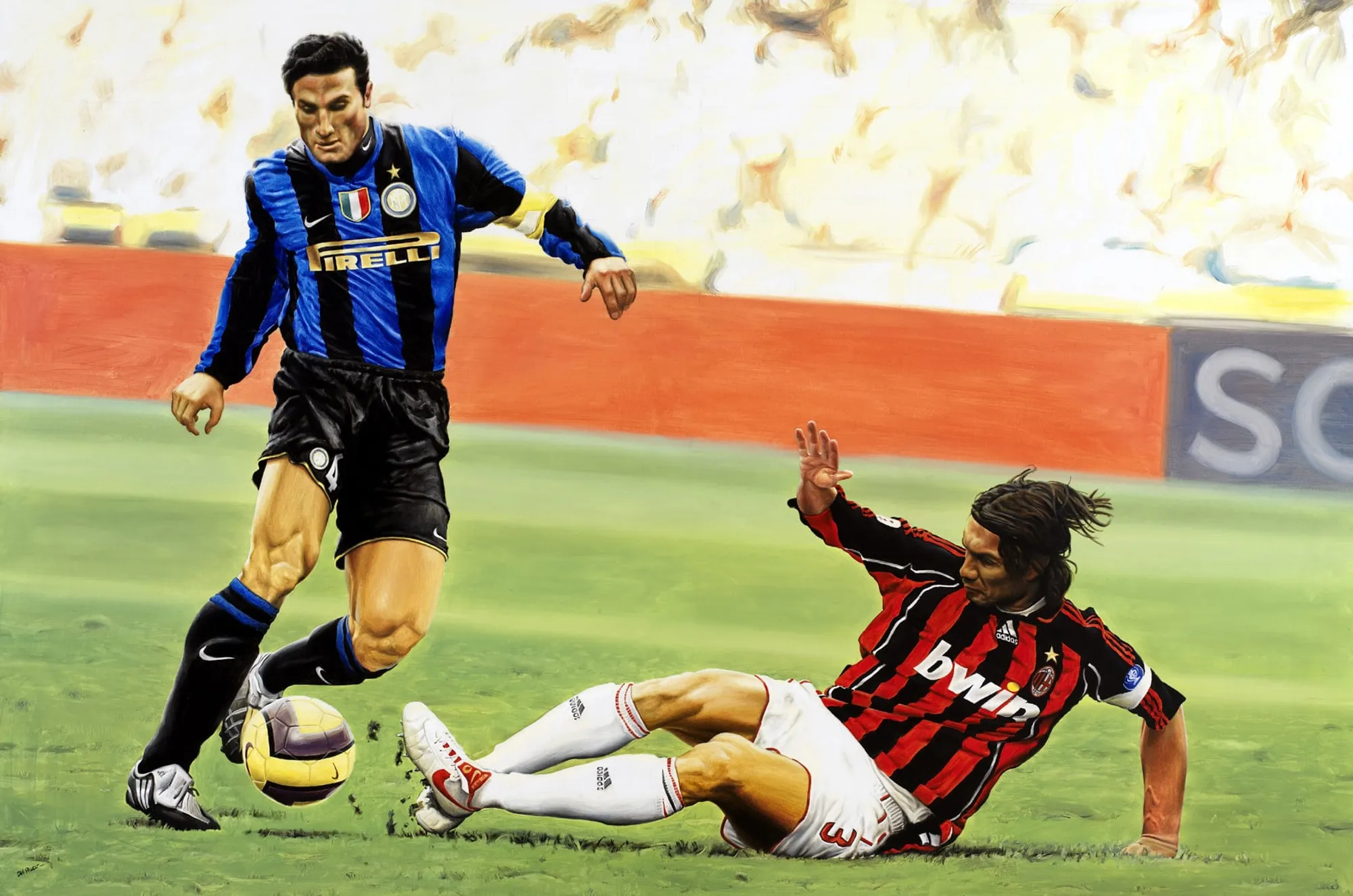 Dipinto di Andrea Del Pesco: THE MILAN'S SOCCER DERBY - JAVIER ZANETTI vs PAOLO MALDINI - — olio su tela