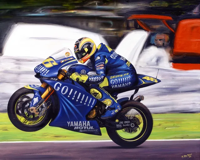 Dipinto di Andrea Del Pesco: VALENTINO ROSSI 2004 — olio su tela