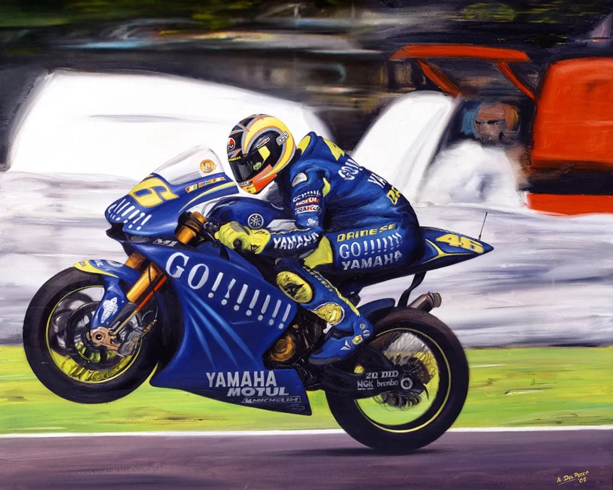 Dipinto di Andrea Del Pesco: VALENTINO ROSSI 2004 — olio su tela