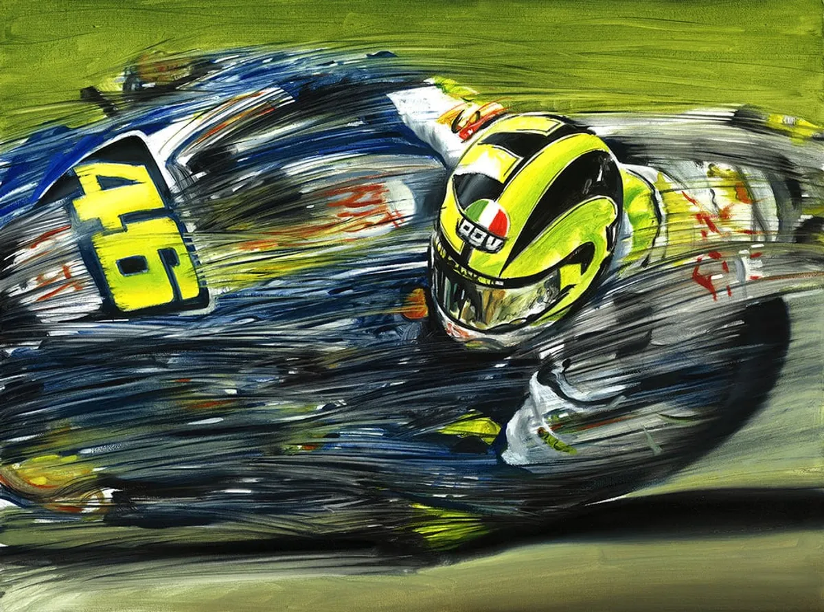 Dipinto di Andrea Del Pesco: VALENTINO ROSSI ON FIAT YAMAHA TEAM YAMAHA YZR-M1 MOTOGP — olio su tela