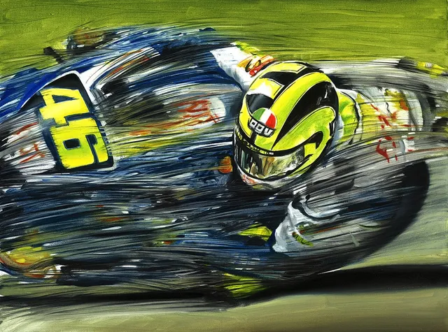 Dipinto di Andrea Del Pesco: VALENTINO ROSSI ON FIAT YAMAHA TEAM YAMAHA YZR-M1 MOTOGP — olio su tela