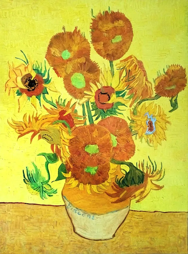 Copia d'arte dipinta da Andrea Del Pesco: Vaso con quindici girasoli (originale di Vincent VAN GOGH)