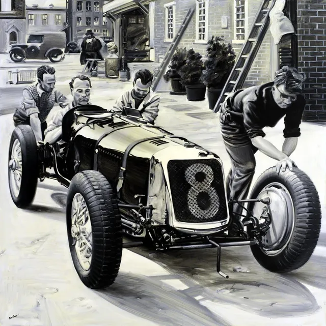 Dipinto di Andrea Del Pesco: WILLARD WHITNEY ON MASERATI 8CM, BROOKLANDS 1934 — olio su tela
