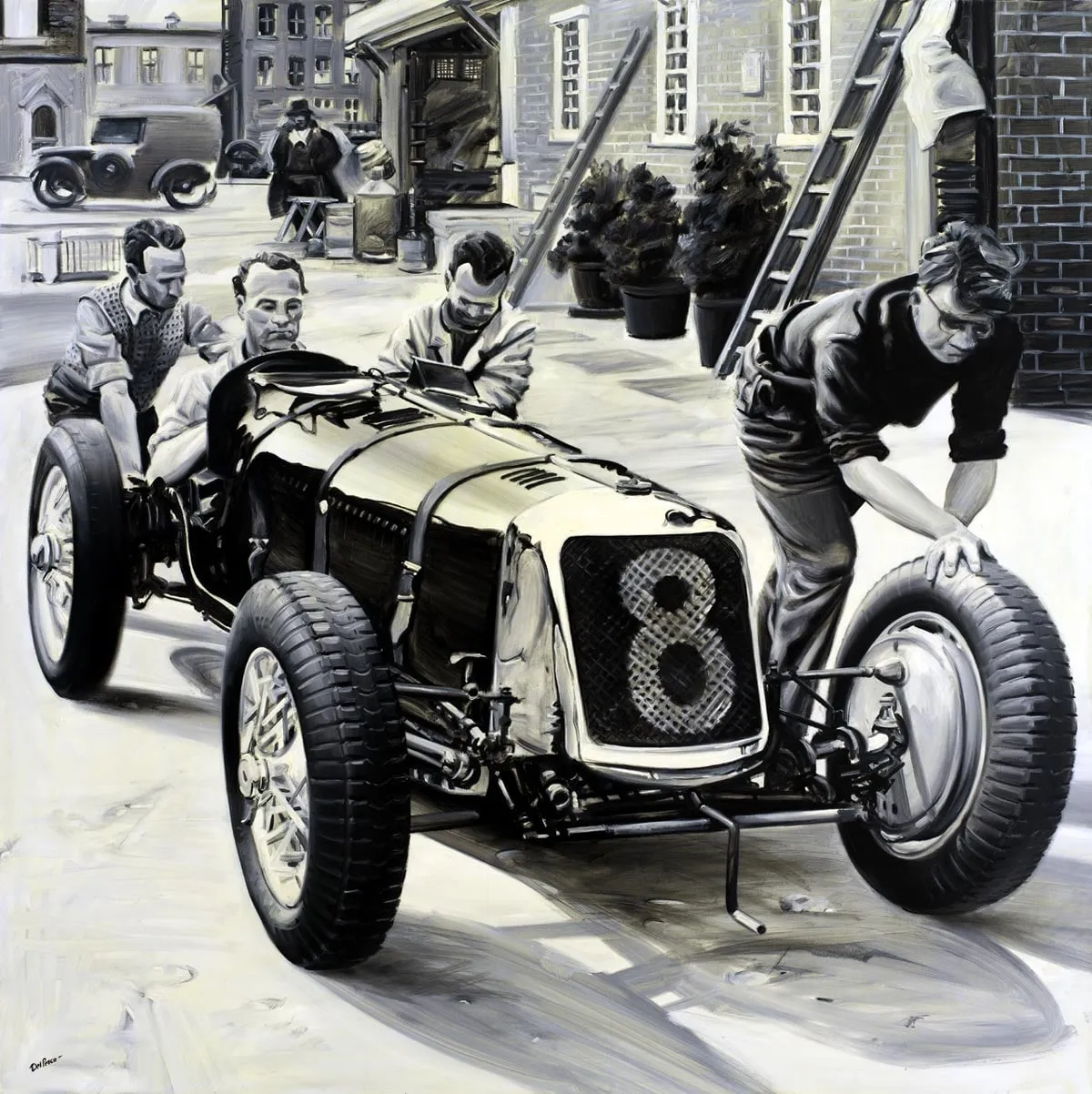 Dipinto di Andrea Del Pesco: WILLARD WHITNEY ON MASERATI 8CM, BROOKLANDS 1934 — olio su tela